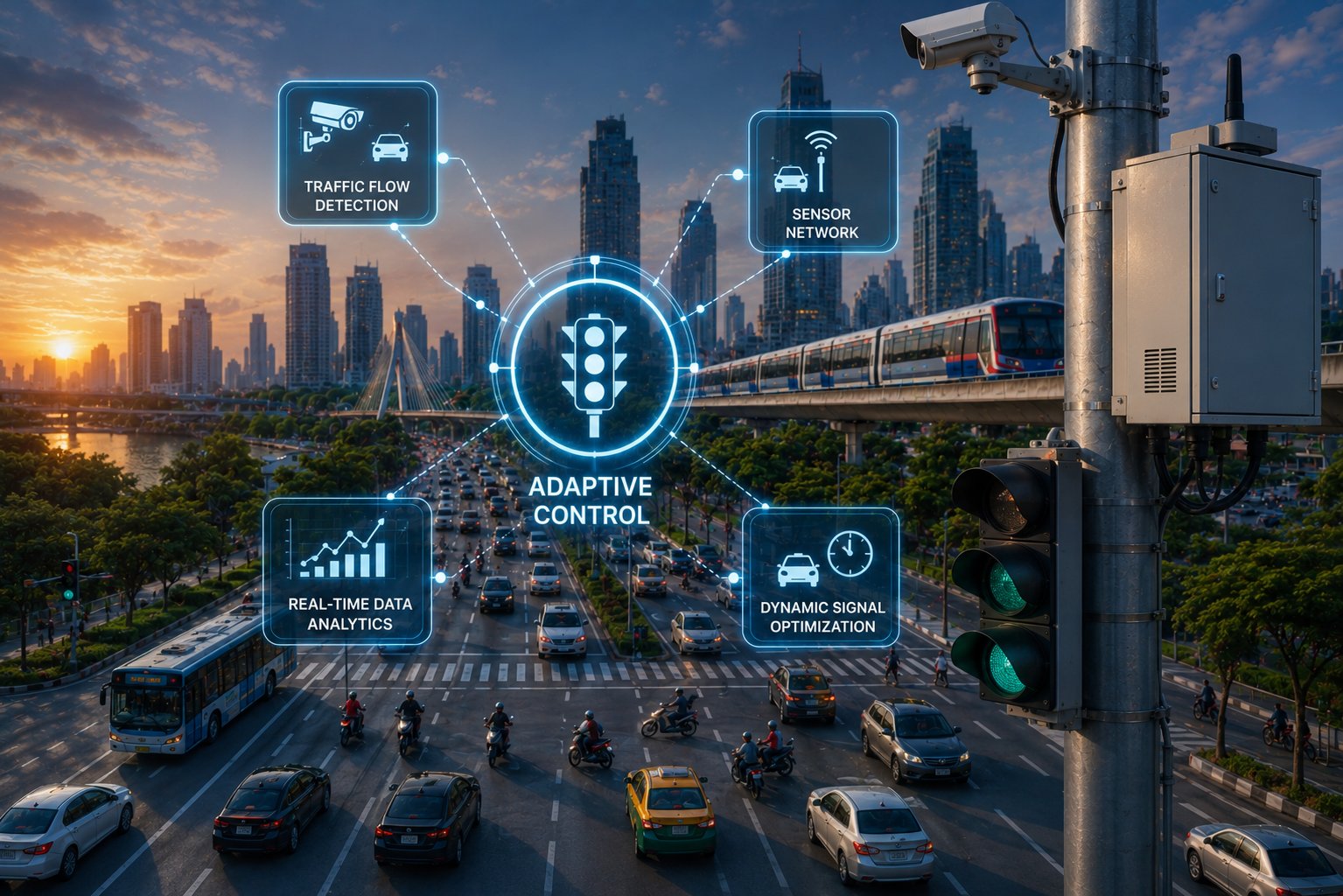 ระบบสัญญาณไฟจราจรอัจฉริยะ Adaptive Control — Traffic Flow Detection, Sensor Network, Real-Time Data Analytics, Dynamic Signal Optimization